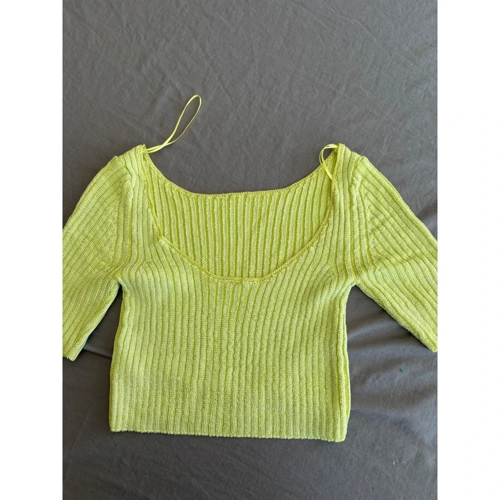 Free People Lime Green Ribbed Knit Scoop Neck Short Sleeve Crop‎ Top OB1936203 S